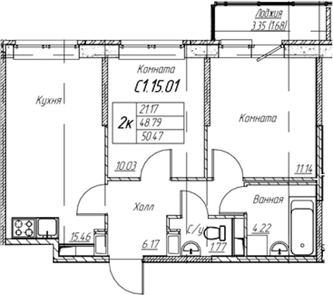 2-комнатная квартира 50.47 м², 15/22 эт., ЖК «Парк-квартал Юнтолово»